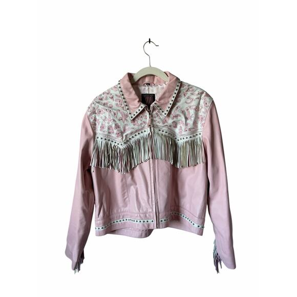 VTG Signature Gordon & James Pink Fringe Studded Rhinestone Wstrn Leather Jacket - Picture 4 of 16